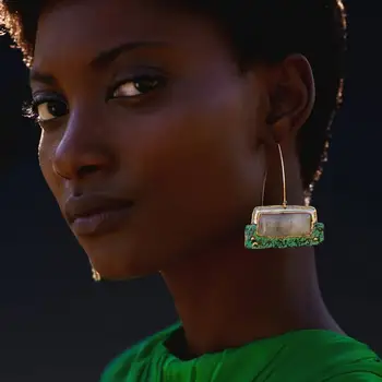 Kaimei 2019 New ZA Irregular Metal Drop Earrings Women 2019 Fashion Semi-Precious Statement Vintage Square Stone Hook Earrings