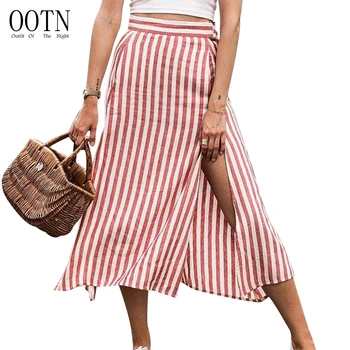 OOTN Zipper Ladies Casual Fashion 2019 Female Office Midi Skirt Women Split Sexy Long Skirts Red White Striped High Waist Skirts