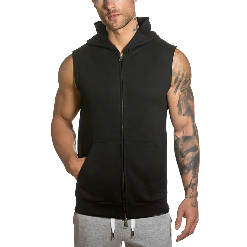 Men's Breathable Fitness Sports Hoodies Sleeveless Zipper Hoodies Gym Clothes