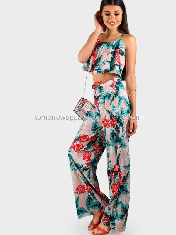 Комплект из укороченных и подходящих брюк с принтом листьев на шнуровке, оптовая продажа, модная женская одежда (TA4111SS)