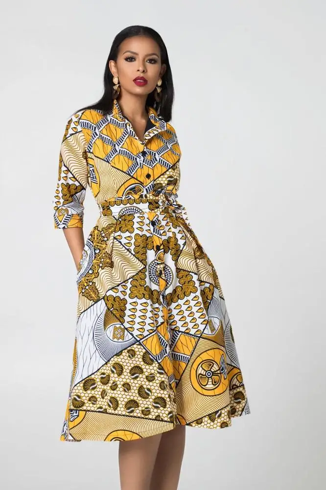 knee length dresses for ladies Womens Kitenge, African Print Midi Length, Ankara Dresses, Modest Church Dress Orange Multicolor Double Pocket Slitted Dress