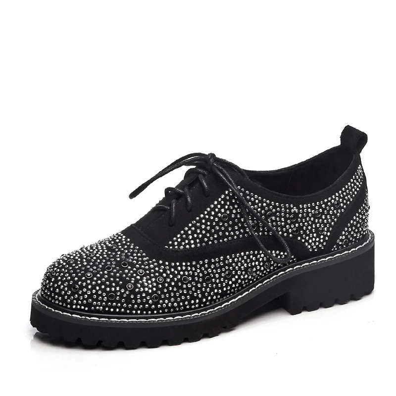 
 Модные женские туфли-броги с блестящими кристаллами, на плоской подошве, с заклепками, 2019  