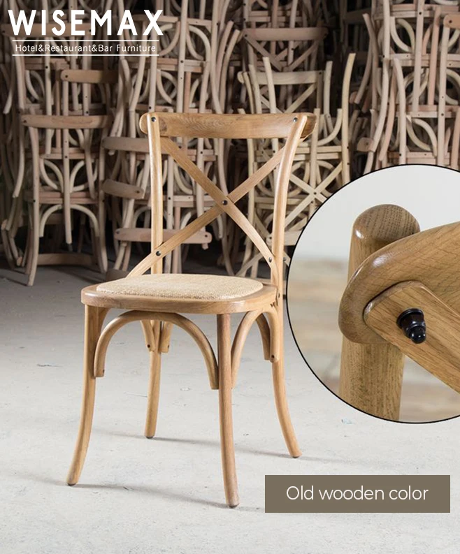 WISEMAX Modern French Style Cheap Restaurant Antique Solid Wood Dining Room Chair Stackable Wedding Cross Back Bistro Chair