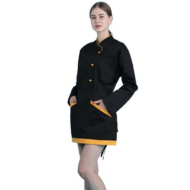 Polyester Cotton Blend 195GSM to 235GSM Black Body Orange Piping Border Button  Latest Cook Wear Single Breasted Chef Uniform