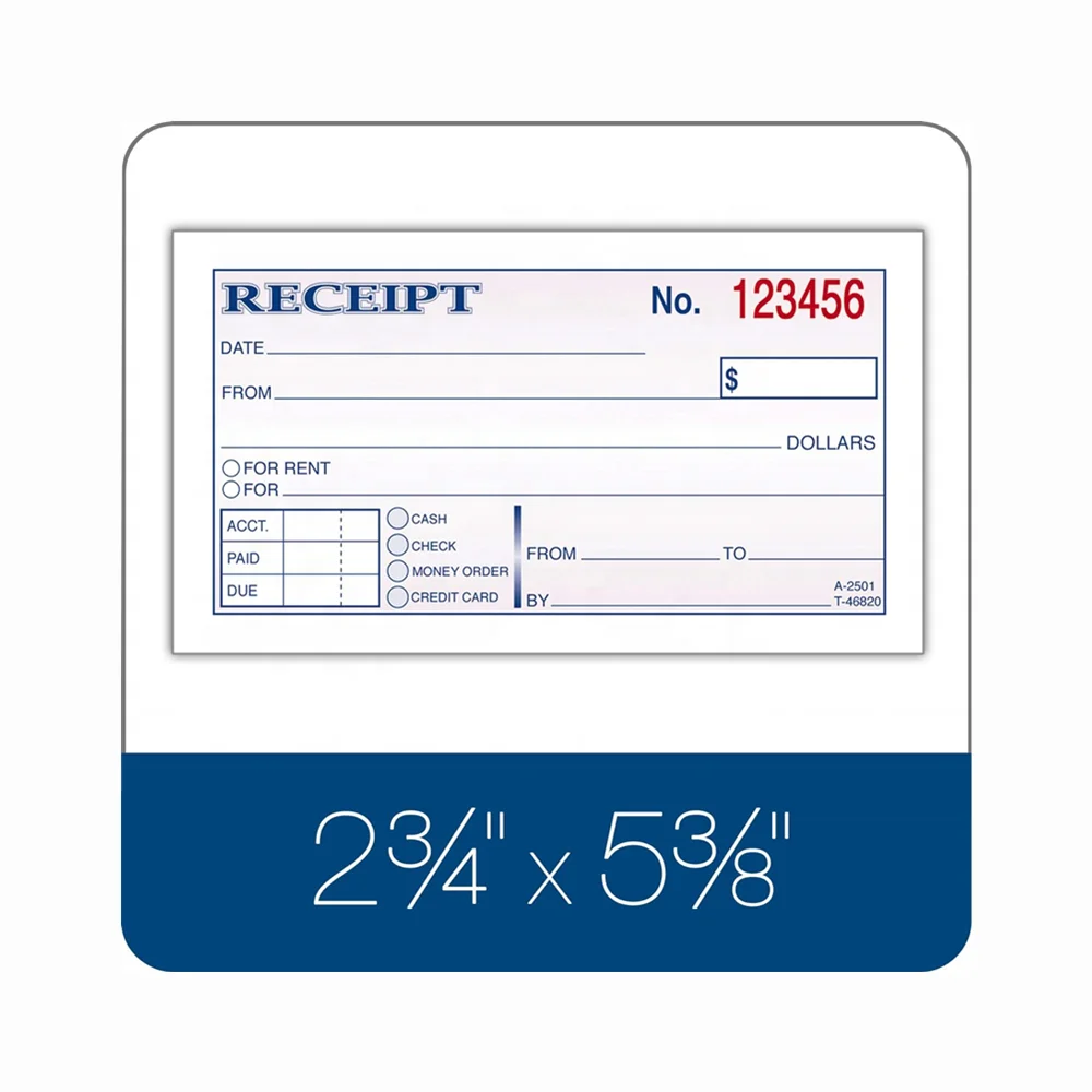 Custom Money Receipt Book 2-Part Carbonless 2 5/8 X 5 3/8 Inches with 50 Sheets White and Canary for Hotel