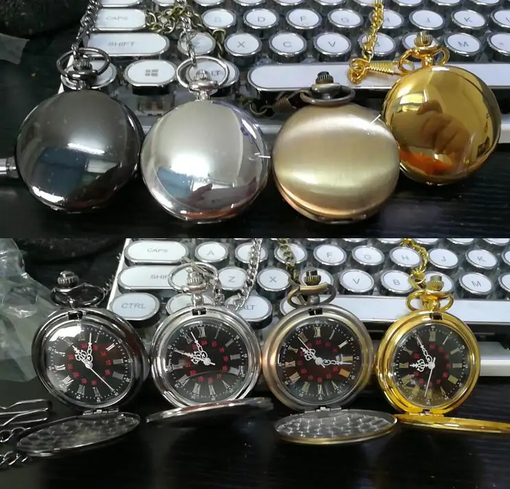 Smooth Bright Retro Two Faced Black Necklace Roman Silver Pocket Watches