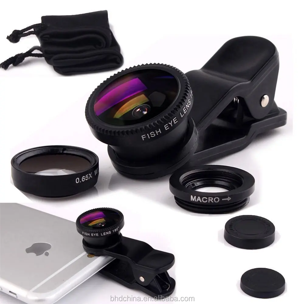 Guangcailun 3-in-1 téléphone Universel Appareil Photo Clip-Lens Kit lentille oculaire 180 ° Fisheye Objectif Grand Angle 0,67x Objectif Macro 