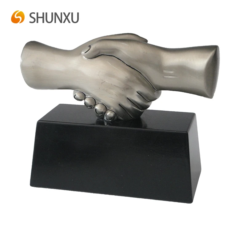 Silver Resin Handshake Grip Sculpture with Black Base Business Gift Collectible Promotional Award