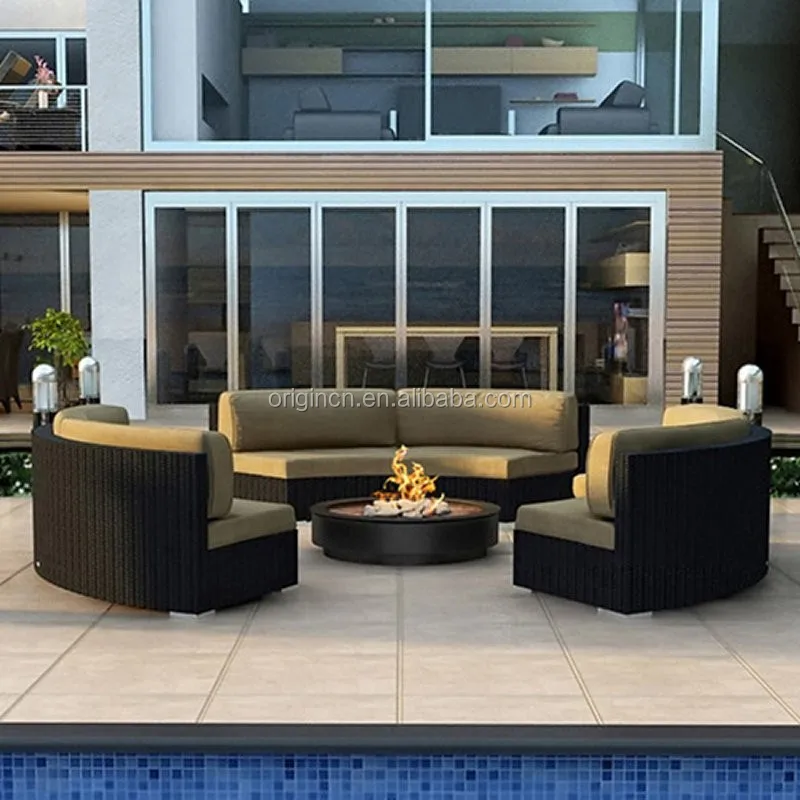 Luxury Design 3 Pcs Armless Curved Sofa Garden Bench Outdoor Furniture Rattan Round Sectional Sofas