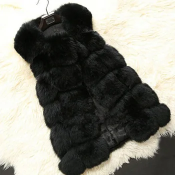 Winter Fox Fur Vest Women Elegant Black Faux Fox Fur Gilet