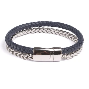 Fine Double Chain Leather Friendship Charm Bangles Wristband Male Jewelry Homme Bracelet En Cuir Acier Inoxidable Bangles Mens