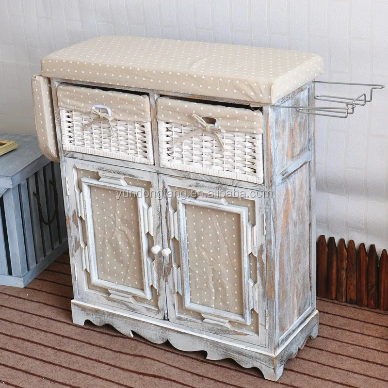 Popular Foldable Ironing Board Solid Wood Cabinet Folding Top Center Rattan Storage Basket