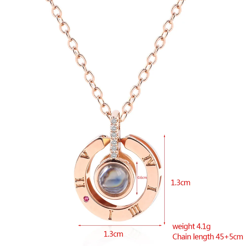 Romantic Memory Rose Gold Letter Round Crystal Pendant Necklace 100 Languages Projection I Love You Necklace for Lover Couples