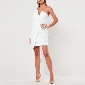 White Asymmetrical Mini One Shoulder Zip Front blazer Dress Office Women Dresses 2020
