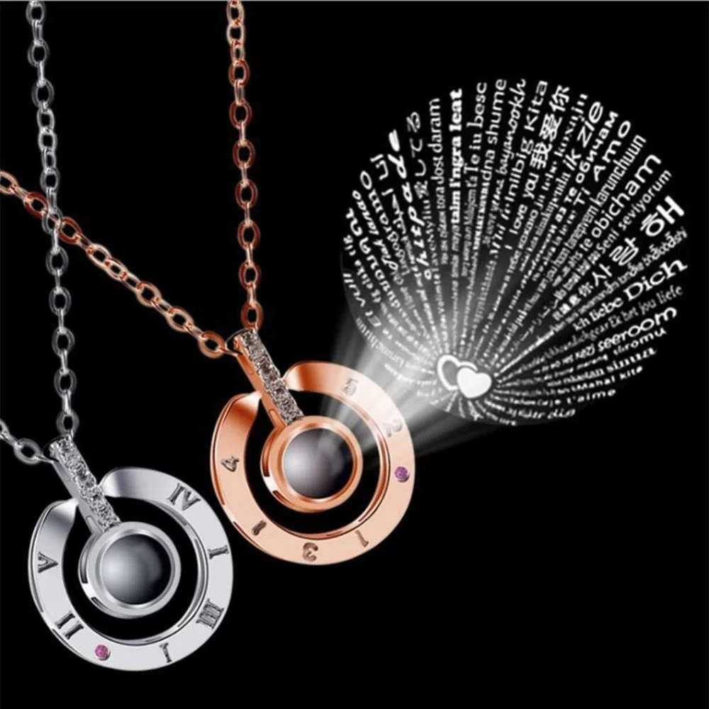 Romantic Memory Rose Gold Letter Round Crystal Pendant Necklace 100 Languages Projection I Love You Necklace for Lover Couples