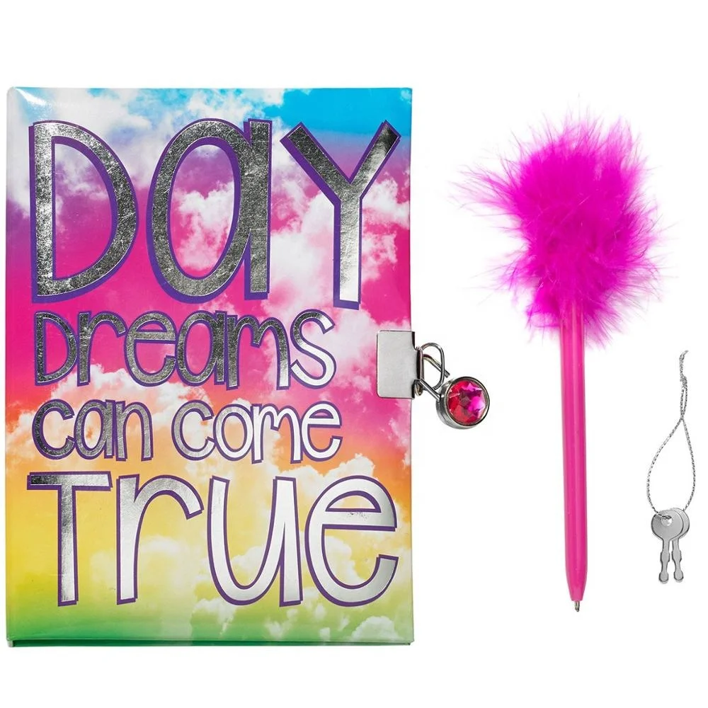 Custom Hard Cover Diary Notebook with Gem Lock And Feather Pen Kids School Stationery Set