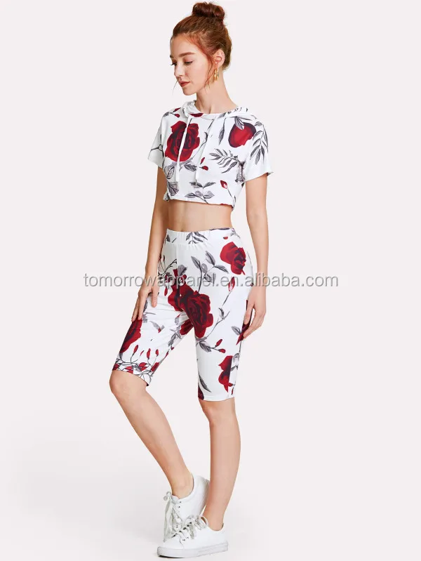 Кроп-худи с принтом роз, футболка с леггинсами от производителя, оптовая продажа, модная женская одежда (TA4060SS)