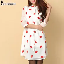 Vestidos Femininos 2015 outono vermelho lábios impressão gola de mulheres vestido de Chiffon com faixas Plus Size S-4XL