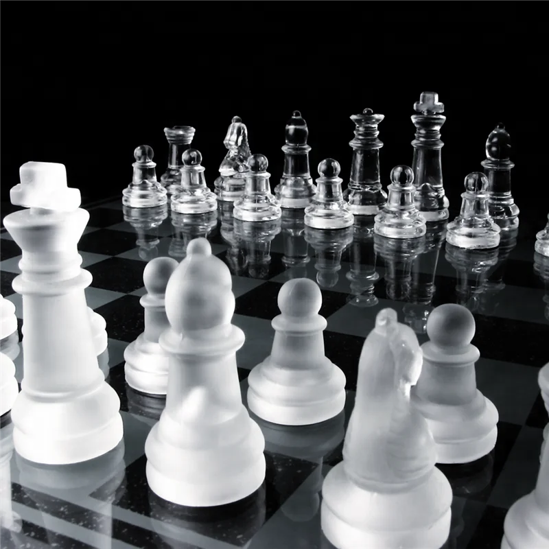 Glass Chess Set and Checker Board Elegant White and Frosted Pieces 7.5"