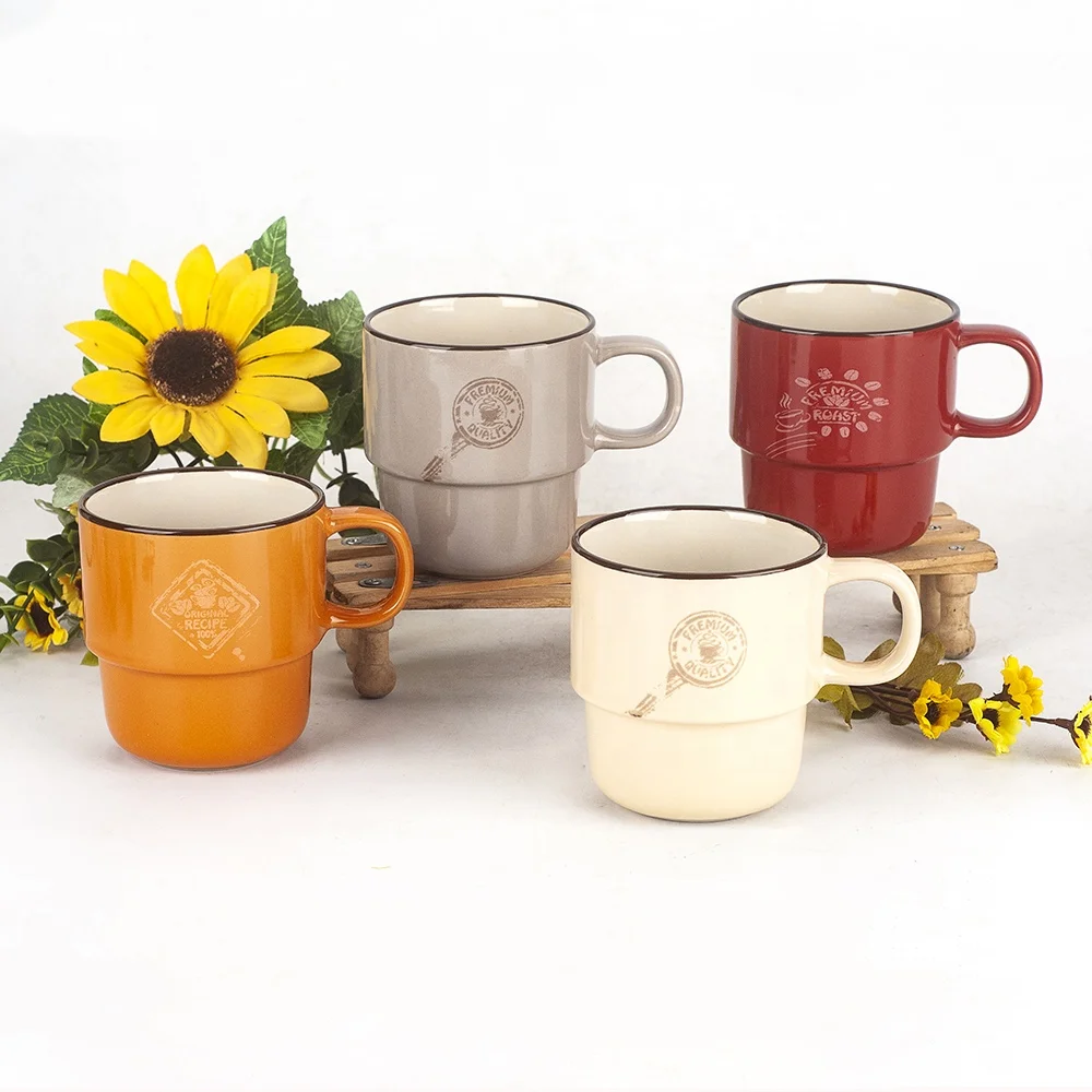 320ml Two Tone Custom Shape Stackable Ceramic Coffee Mug with logo