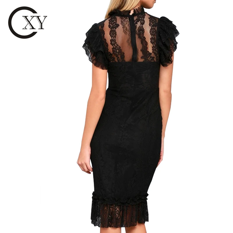 Ladies Ruffle Short Sleeve Black Lace Pencil Midi Dress
