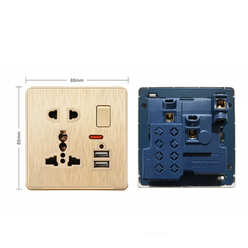 Home Use 5-Pin Universal USB PC Electric Wall Switch Socket Wire Drawing 16A Rated Current for Villa or Apartment Home