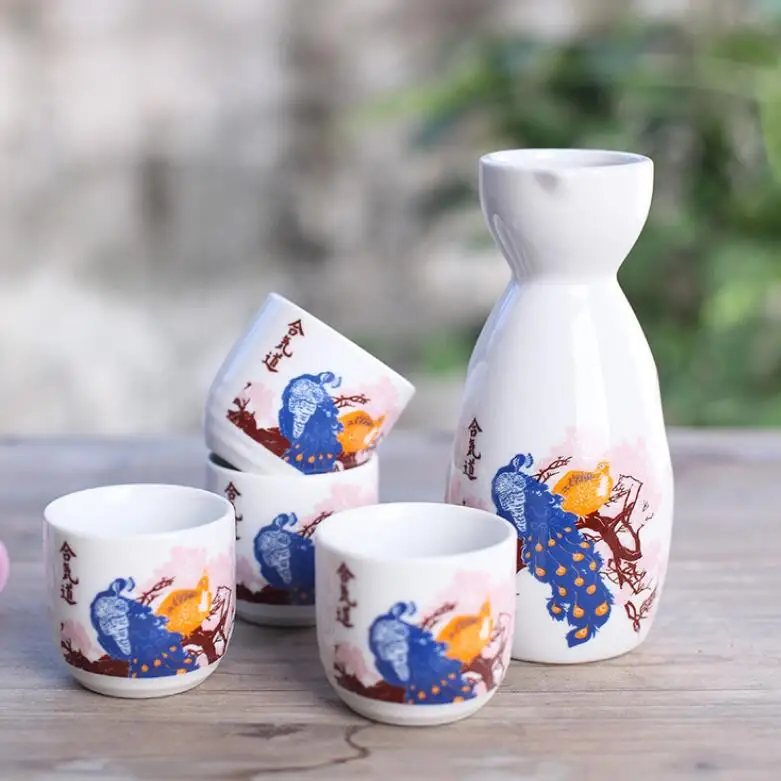 Japanese Ceramic Sake Set With Four Cups Hand Painted Pink Flower Porcelain Pottery Traditional