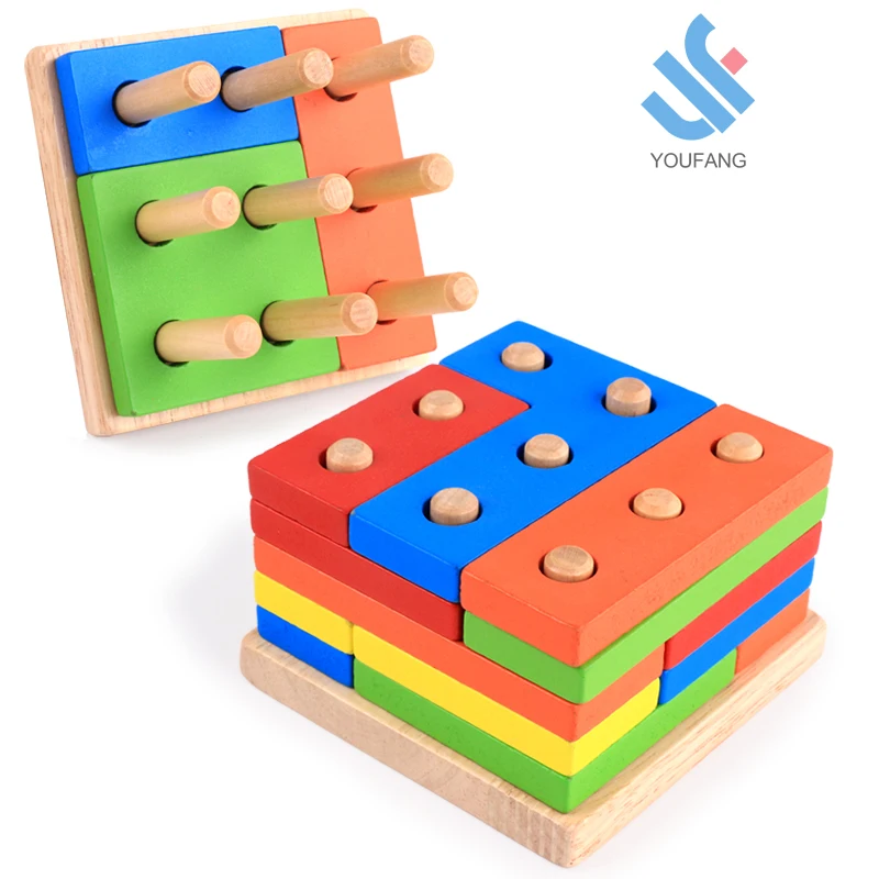 Children Wooden Building Blocks Geometric Shape Intelligence Box Learning Toy 6L 