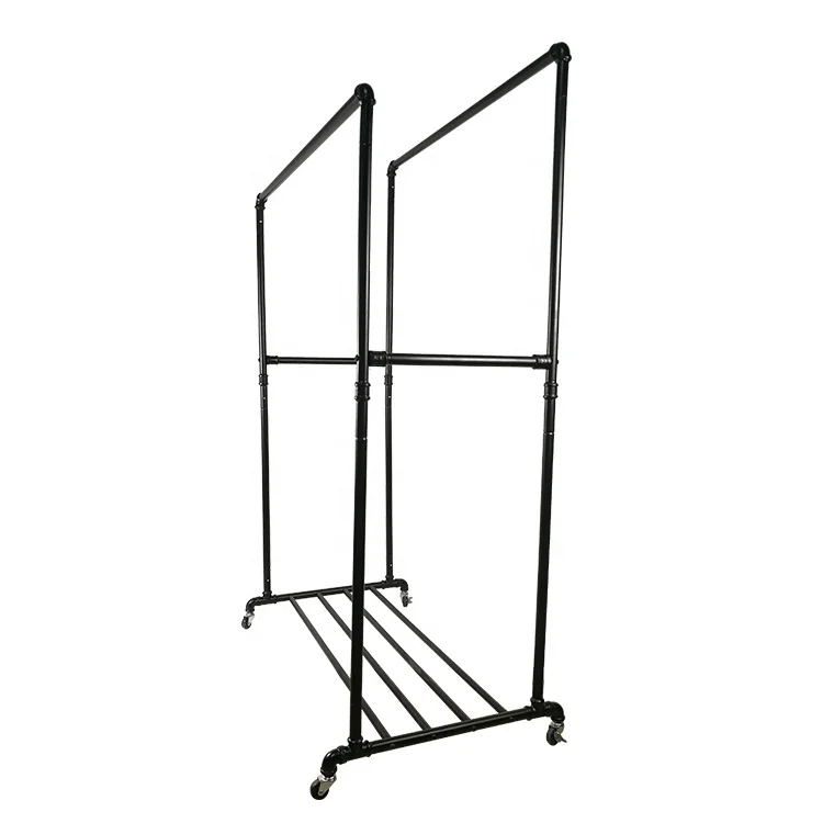 Double Rail Garment Rack Rolling Industrial Pipe Clothing Rack Buy Clothing Display Rack Garment Rail Industrial Pipe Clothing Rack Product On Alibaba Com