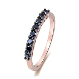 Rose Gold Plated 925 Sterling Silver Black CZ Vintage Half Eternity Ring Delicate Micro Pave Band Stackable Thin Comfort Wedding