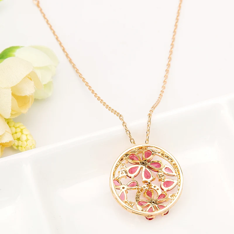 LUOTEEMI Tiny Teardrop Cubic Zirconia Diamond Gold Plated Ruby Flower Round Pendant Women Necklace