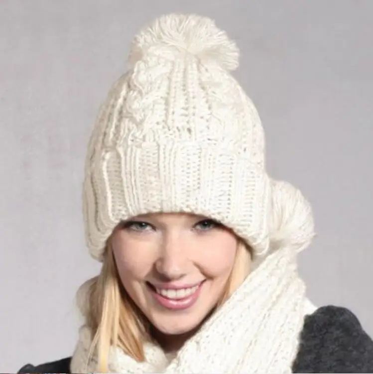 2020 winter warm fashion acrylic knitted beanie with pompom scarf hat set