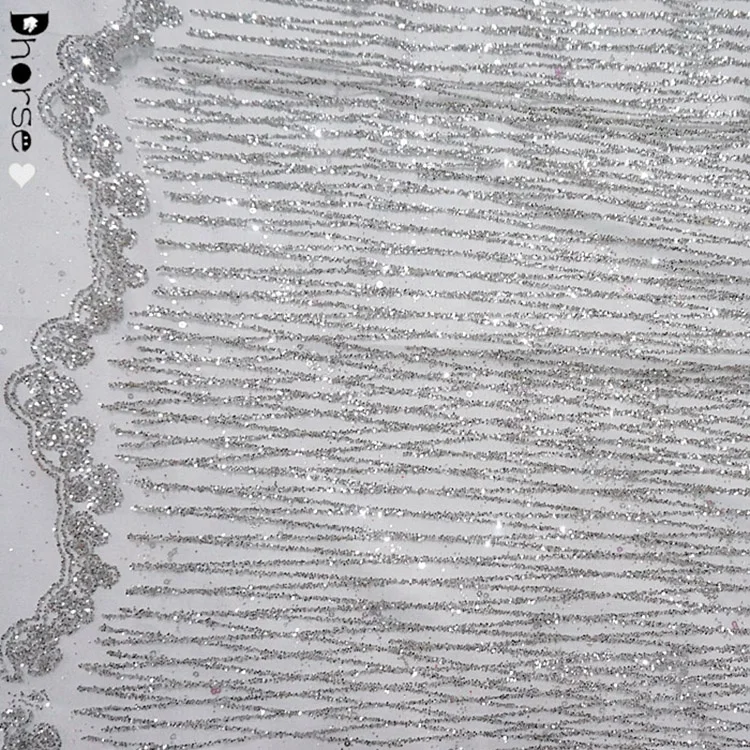 High End Netting Strip Broken Drill Silver Glitter Lace Fabric