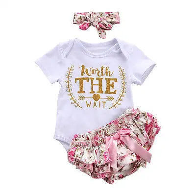 3PCS Toddler Baby Girl Outfits Letter Print Bodysuit Pants Headband Clothes Sets 