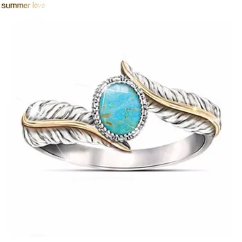 Hot Selling Boho Vintage Punk Moonstone Alloy Inlay Oval Turquoise Feather Finger Rings for Women Girls