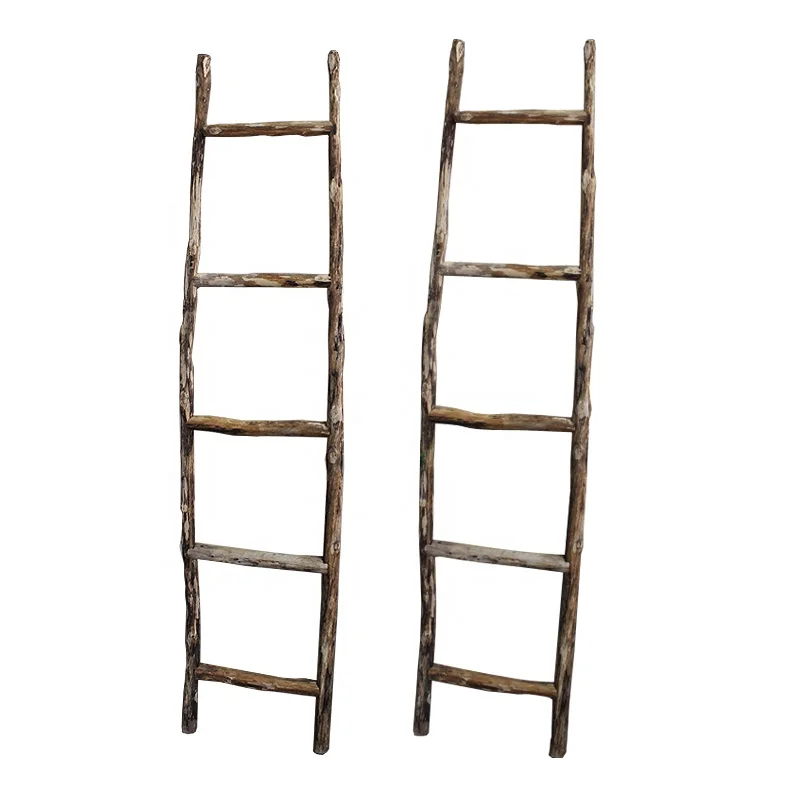 Luckywind Natural Handmade Decorative Step Antique Wooden Ladder