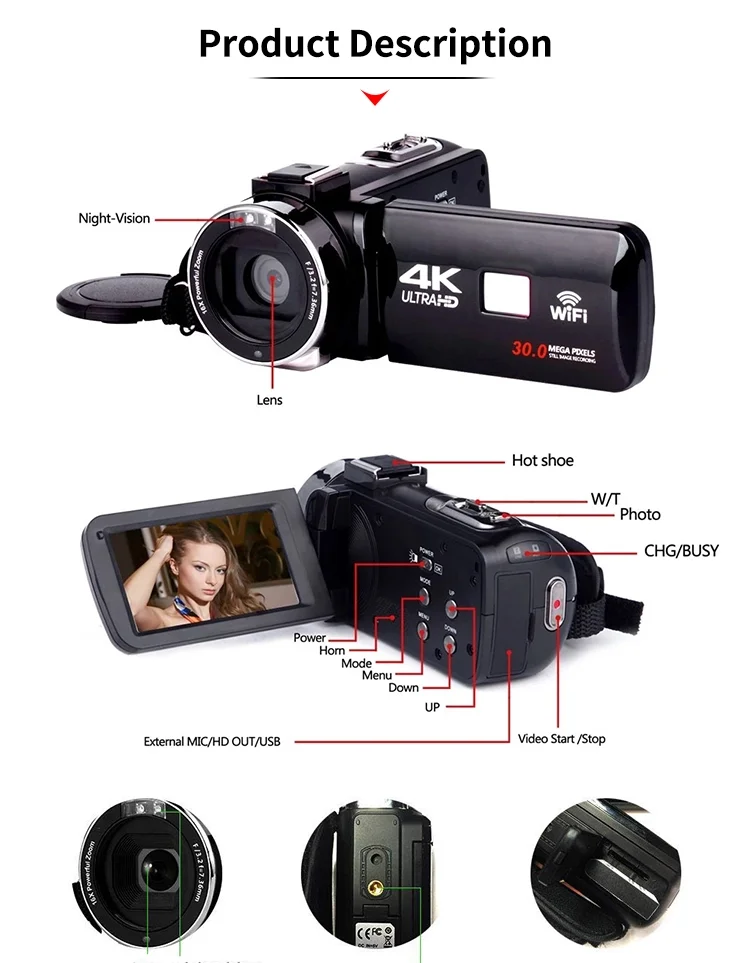 3" Touch Screen IR Night Vision Wifi Vlog Cameras 4K Video Camera Camcorder 48MP Vlogging Camera