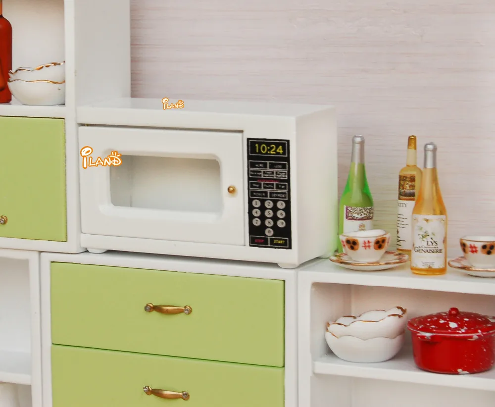 
Миниатюрный Кукольный домик iland, миниатюрная посуда, микроволновая печь, материал из белого дерева HC015B 