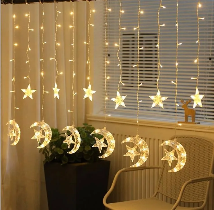 Led Decorative Christmas Crescent Ramadan Moon Star Curtain Lights  Eid Mubarak Star Moon Led Curtain Garland String Lights