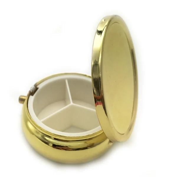 Лидер продаж, позолоченный металлический круглый контейнер для таблеток, дорожный Карманный контейнер для таблеток