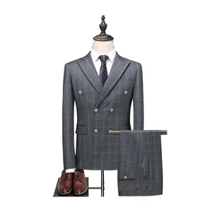 (Blazer+vest+pants) New Style Double Breasted 3 Pieces Plus Size Breathable Anti-Static Worsted Gray Checked Men's Suit