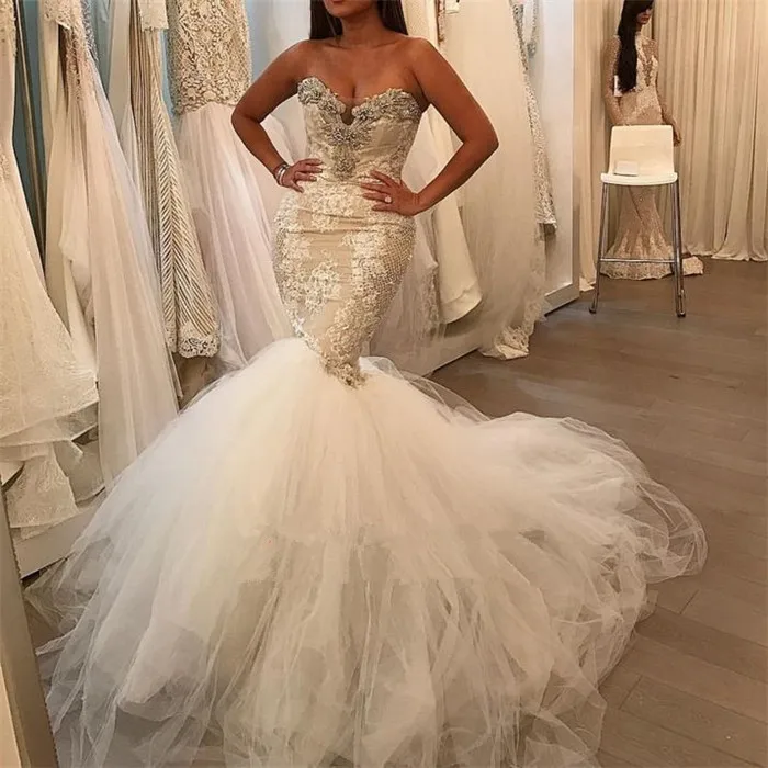 knee length dresses for ladies Exquisite Champagne Lace Wedding Dress V-Neck Appliques Mermaid Wedding Gown QW2539 US12 / Custom Color