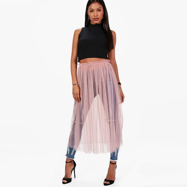 夏季女装百褶裙性感蕾丝网眼透明裙休闲薄纱高腰网眼薄纱长裙