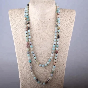 Fashion Knotted Shiny Normal Amazonite Stones long necklaces Bohemian Tribal Jewelry Women Necklace