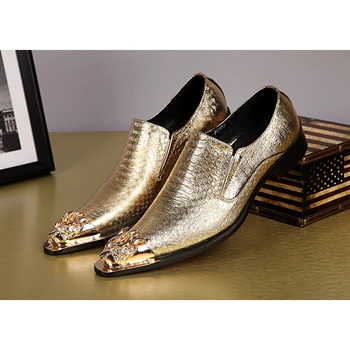 NA023 Design china New british style mens genuine leather gold shoes slip-on loafers steel pointed toe party dress shoes men