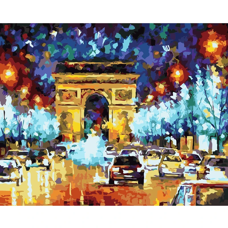 デジタル油絵凱旋門と道路を走る車 キャンバスアート壁掛け絵画 油絵