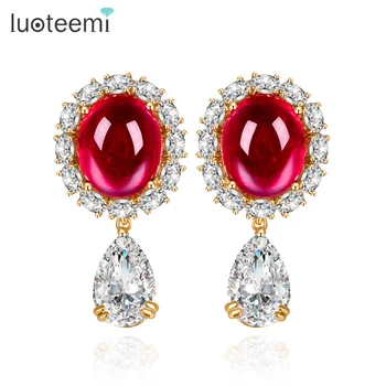 LUOTEEMI Wholesale New design Fashion Bridal Wedding Jewelry Zircon Gemstone Charming Women Red Natural Stone Earrings