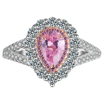 XEYJZ249 Luxury 5A Zircon Full Diamonds Water Drop Shape Pink White Wedding Rings Princess Women Platinum Plating Ring Wholesale