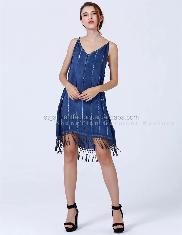 Tassel Blue Sleeveless Dress Girls Stripe ST021
