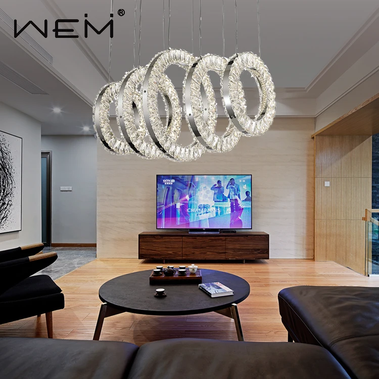 Высококачественная декоративная подвесная люстра с пятью круглыми кольцами, 90 Вт, прозрачная большая Хрустальная люстра для дома
